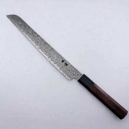 Tsubaya Damascus Bread Knife 250mm - Satin Bloodwood Handle